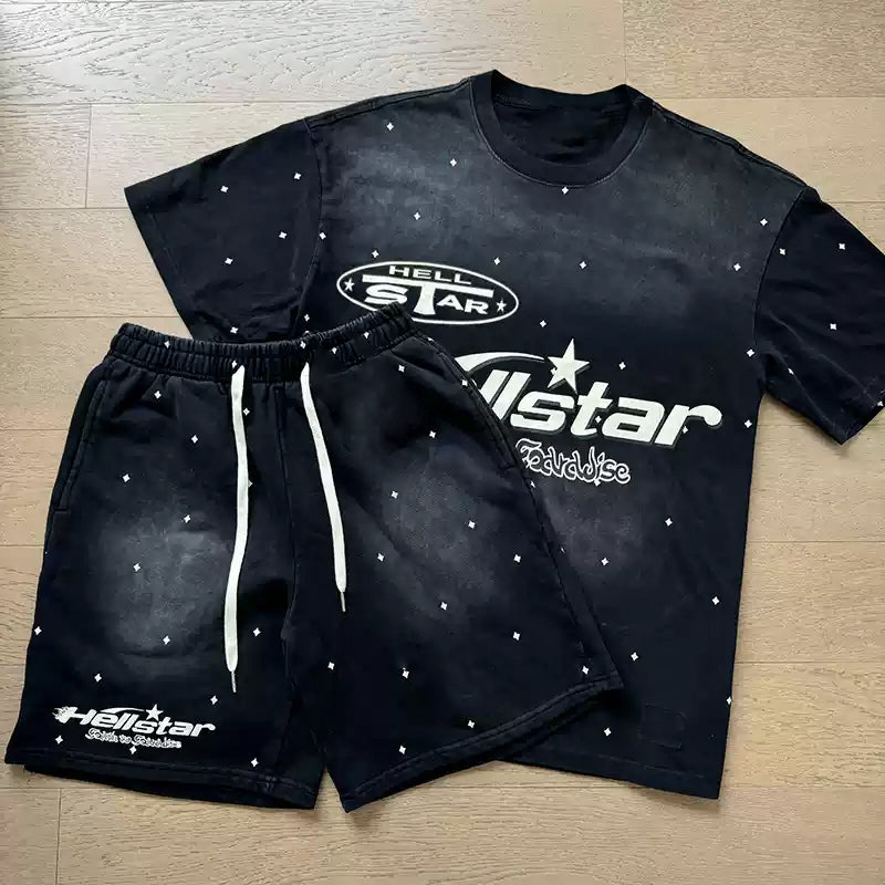 Starry sky casual street retro T-shirt shorts two-piece set