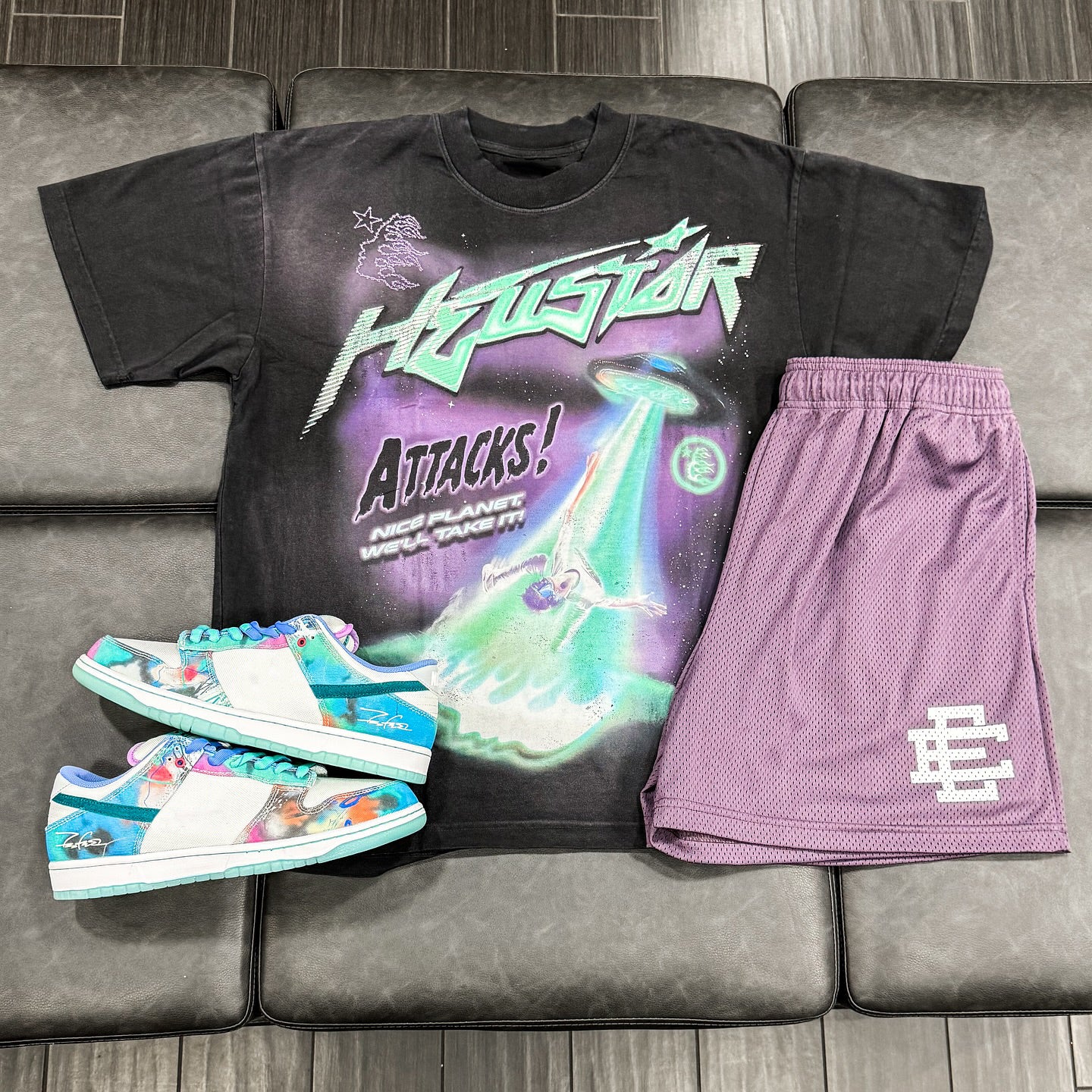 Alien Casual Street Retro T-shirt Mesh Shorts Two-Piece Set